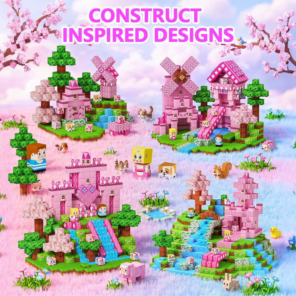 HXFOU 100PCS Pink Castle Magnetic Blocks for Kids Ages 3-12, Magnetic Building Cubes Set, Strong Magnet Building Blocks,  STEM Magnetic Toys for Girls