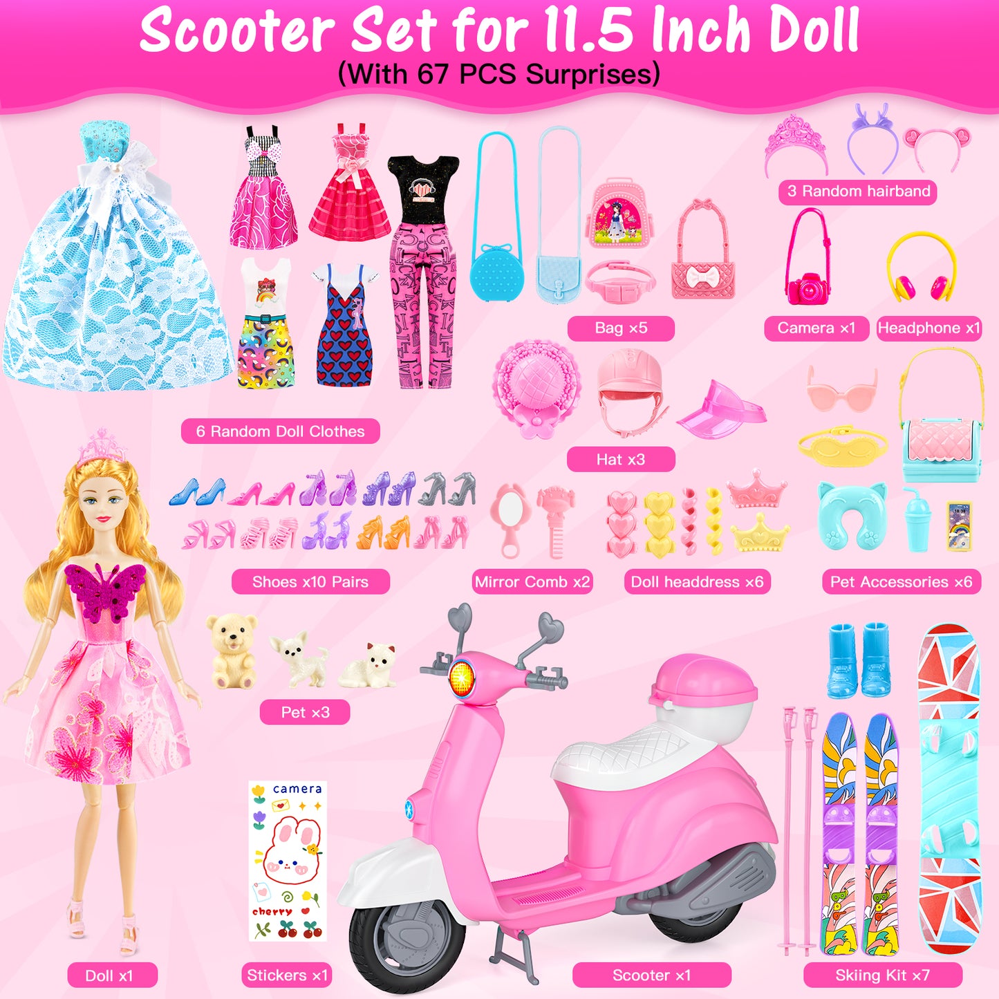 67Pcs Doll Dress Up Playset with Doll, Motorcycle, Skiing & Pet Set, 6 Outfits, 10 Shoes, Gift for Girls