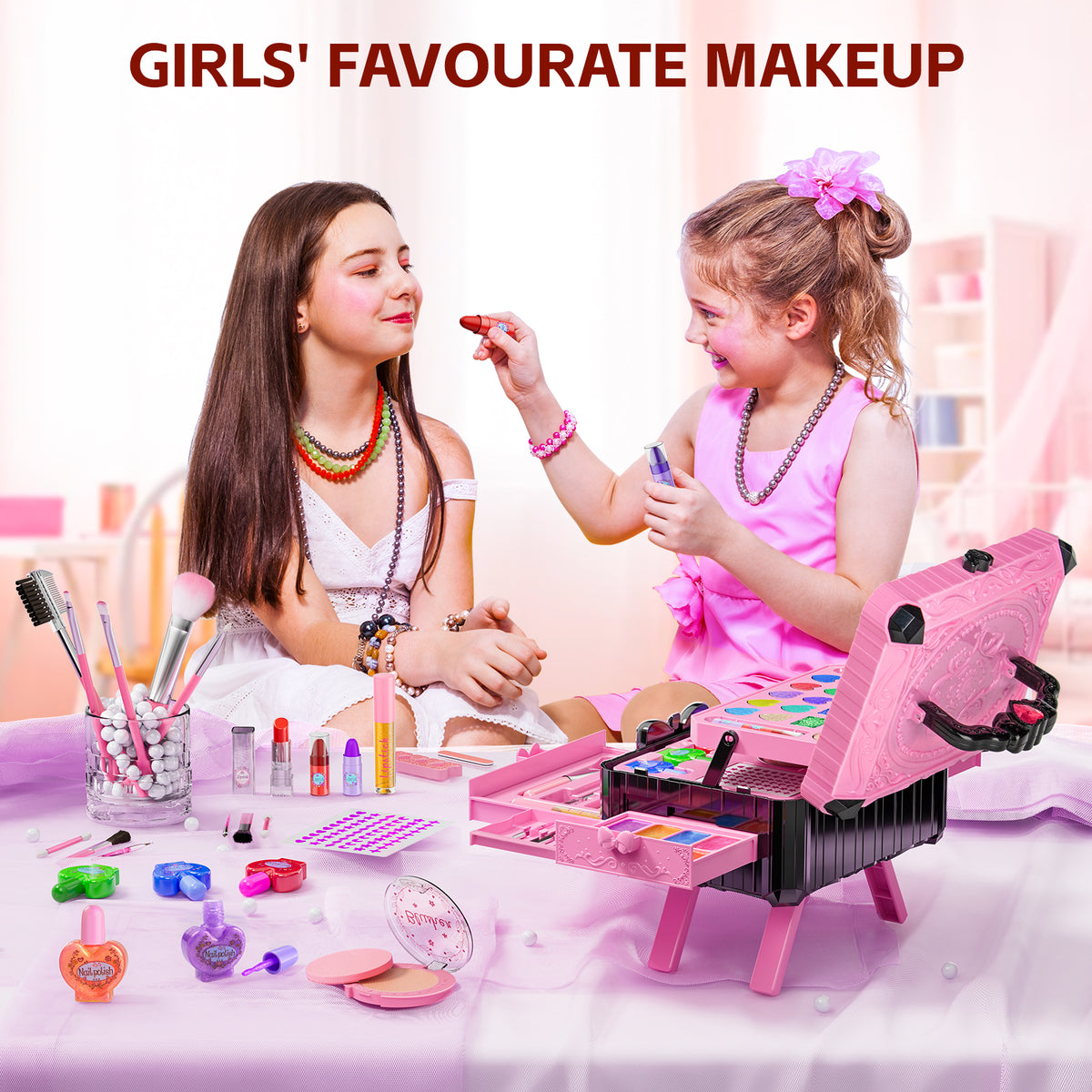 LXUNLN 62PCS Kids Makeup Kit, Makeup Set for Kids, Girl Toys & Toys for Girls Ages 3-12(Pink & Black)