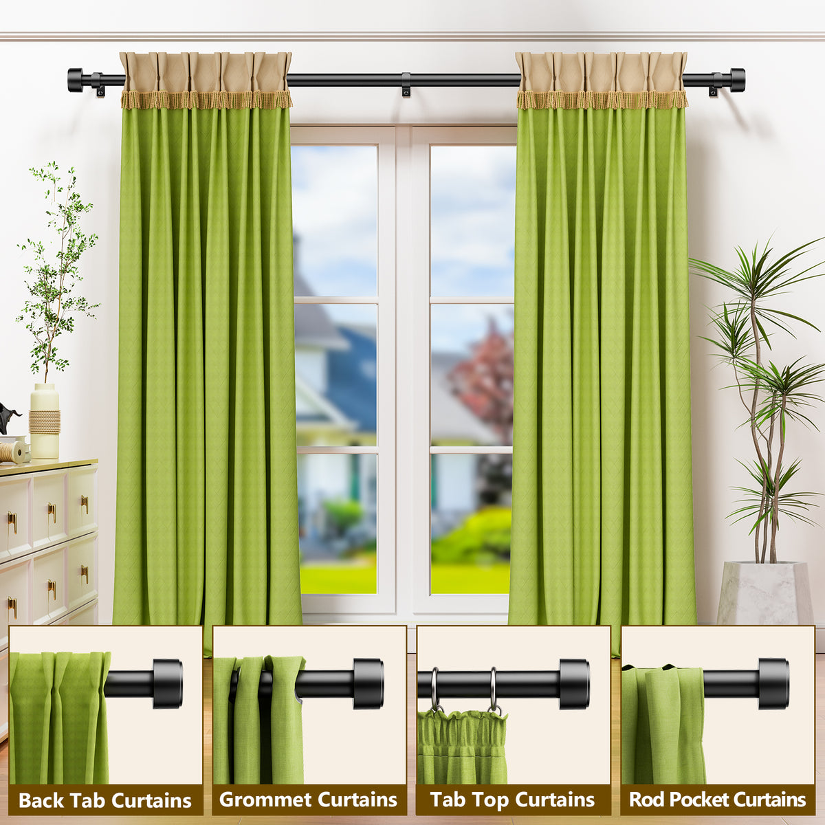 Heavy Duty Adjustable Curtain Rods for Windows, 1-Inch Diameter Matte Black Curtain Rod, 32-120 Inches