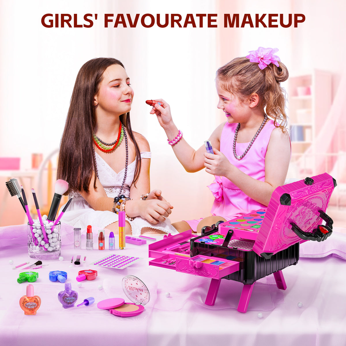 LXUNLN 62PCS Kids Makeup Kit, Makeup Set for Kids, Girl Toys & Toys for Girls Ages 3-12(Rose)