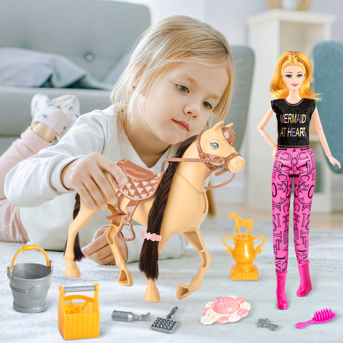 60Pcs Doll & Horse Riding Toy Set, 11.5 Inch Fashion Doll, Poseable Horse & Accessories, Ideal Gift for Girls 3+