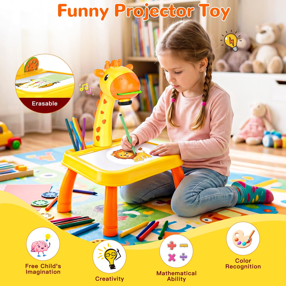 HXFOU 3-in-1 Kids Drawing Projector Kit with Music, Giraffe Shaped Art Tracing Projector for Toddlers, Includes Art Supplies & 72 Patterns, Gift for Ages 3+