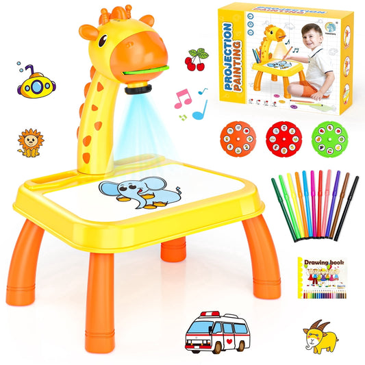 HXFOU 3-in-1 Kids Drawing Projector Kit with Music, Giraffe Shaped Art Tracing Projector for Toddlers, Includes Art Supplies & 72 Patterns, Gift for Ages 3+