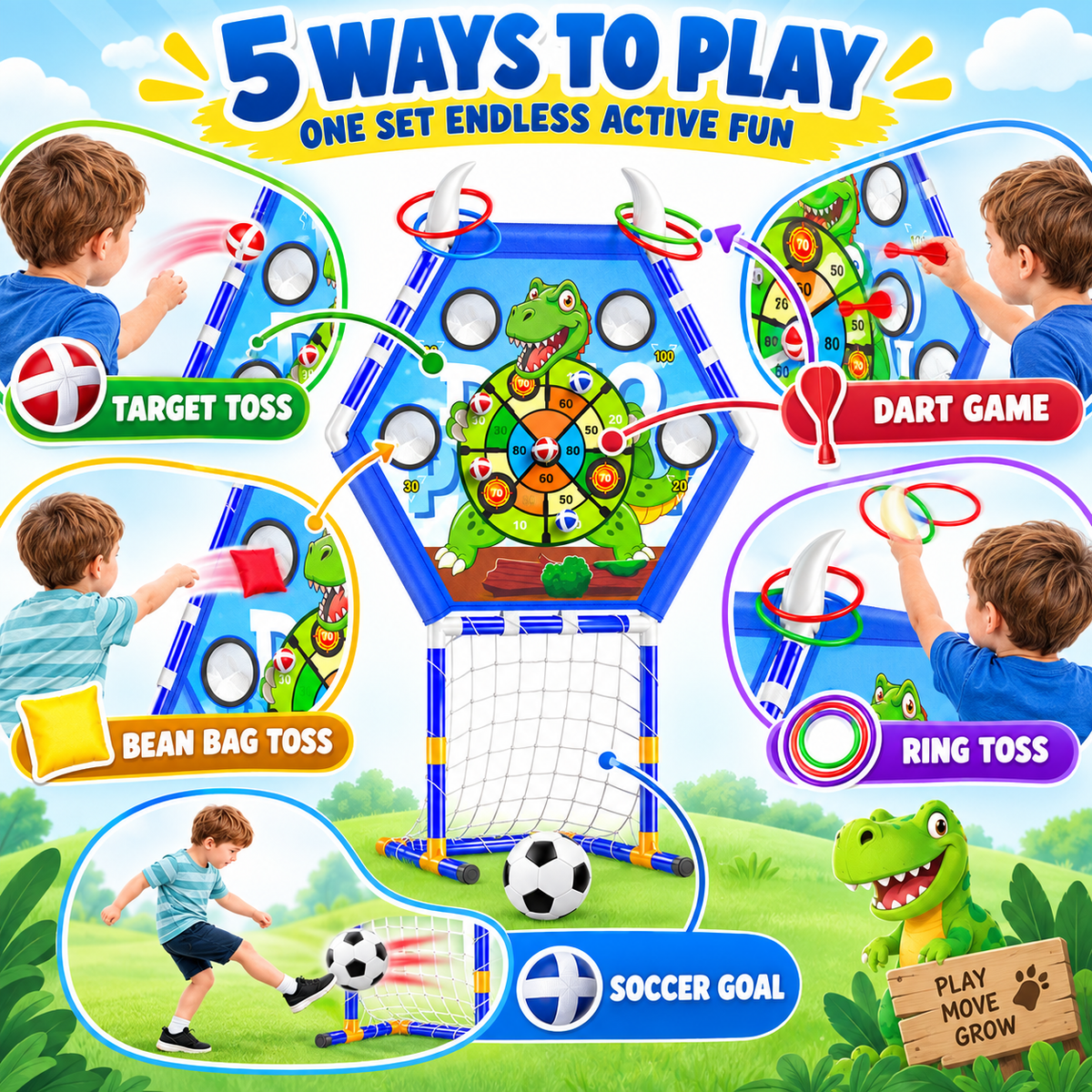 HXFOU 5-in-1 Kids Outdoor Toss Game Set with Soccer Goal Ring Toss Dart Board Indoor Outdoor Toys Ages 3+