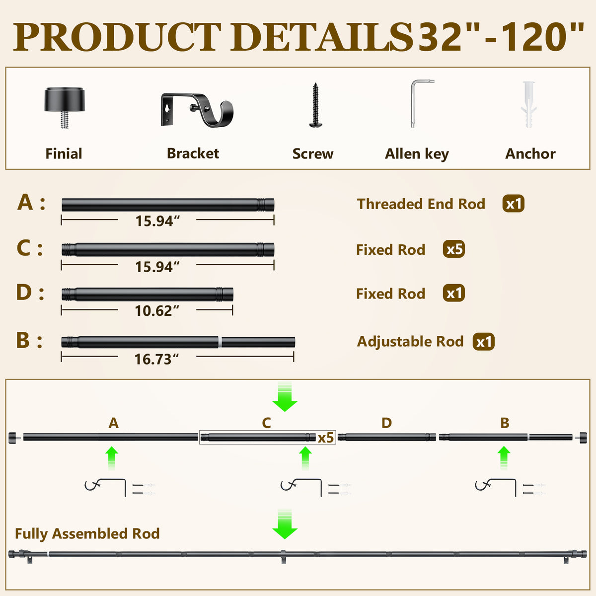 2 Pack Heavy Duty Adjustable Curtain Rods for Windows, 1-Inch Diameter Matte Black Curtain Rod, 32-120 Inches
