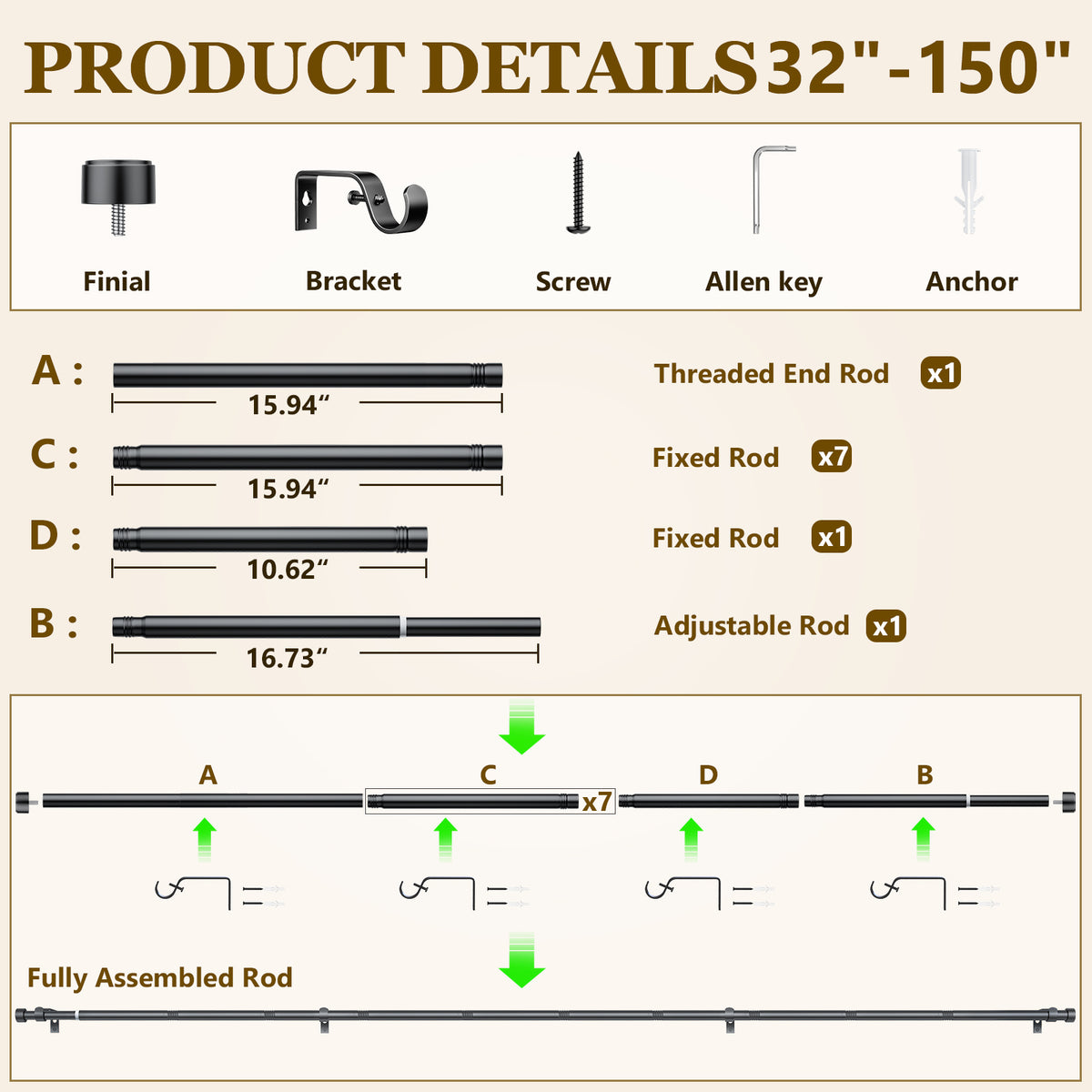 Heavy Duty Adjustable Curtain Rods for Windows, 1-Inch Diameter Matte Black Curtain Rod, 32-150 Inches