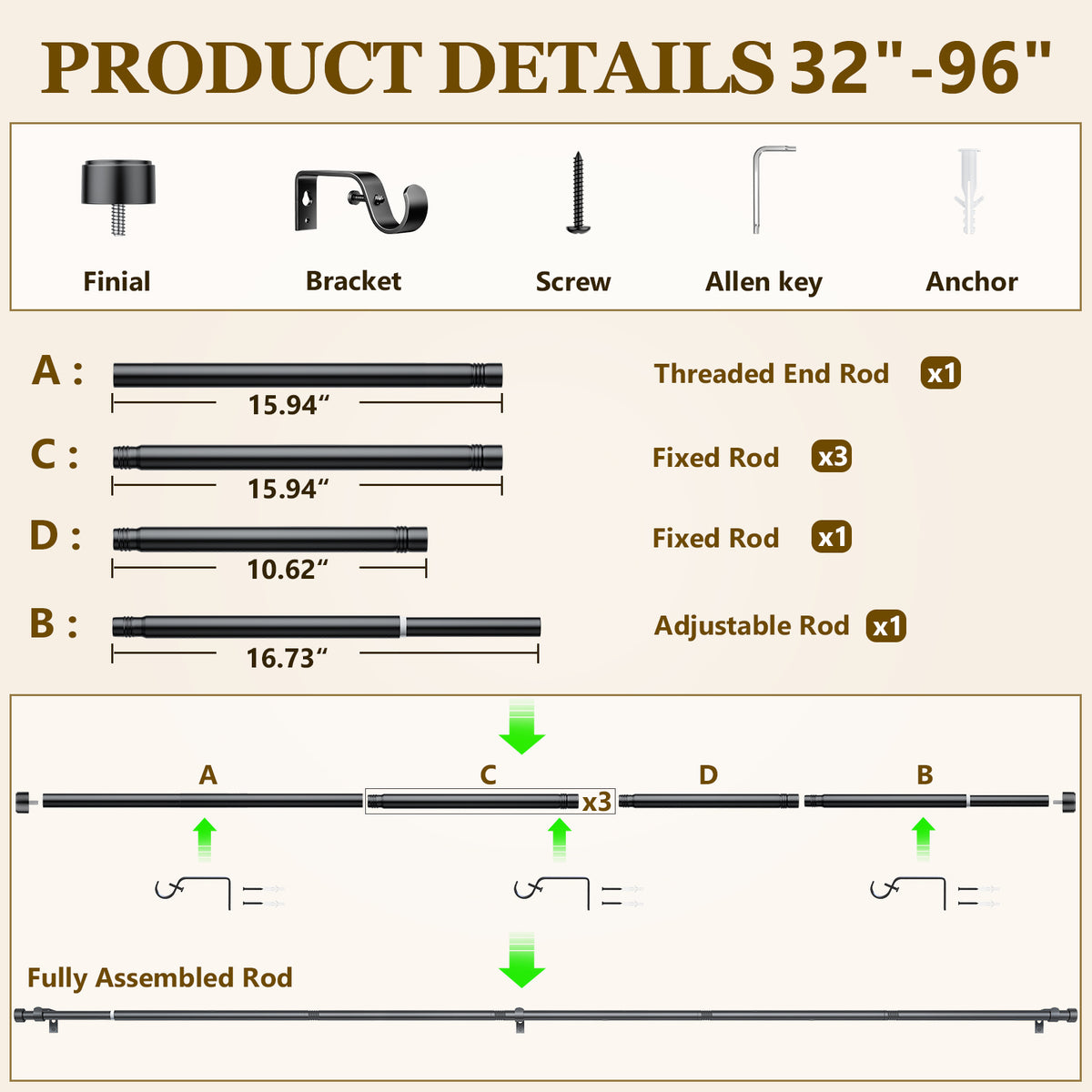2 Pack Heavy Duty Adjustable Curtain Rods for Windows, 1-Inch Diameter Matte Black Curtain Rod, 32-96 Inches