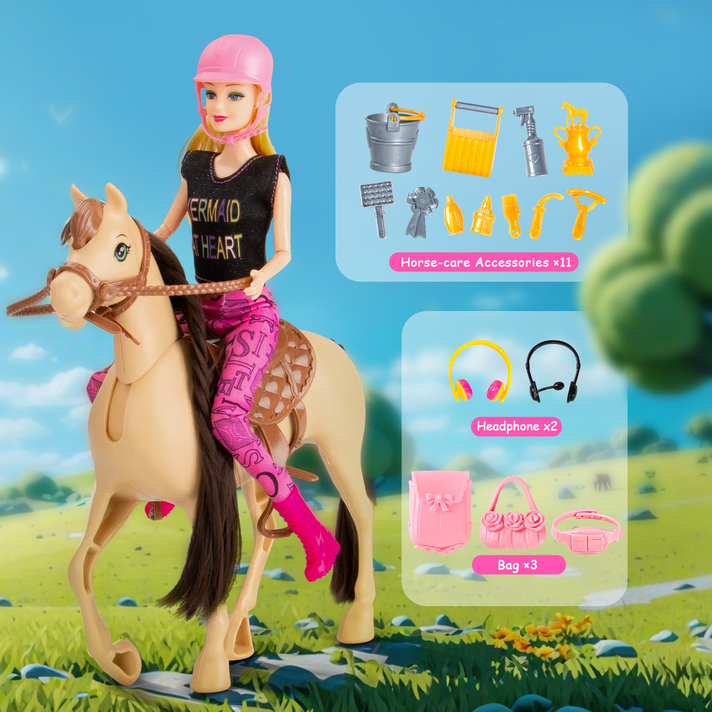 60Pcs Doll & Horse Riding Toy Set, 11.5 Inch Fashion Doll, Poseable Horse & Accessories, Ideal Gift for Girls 3+
