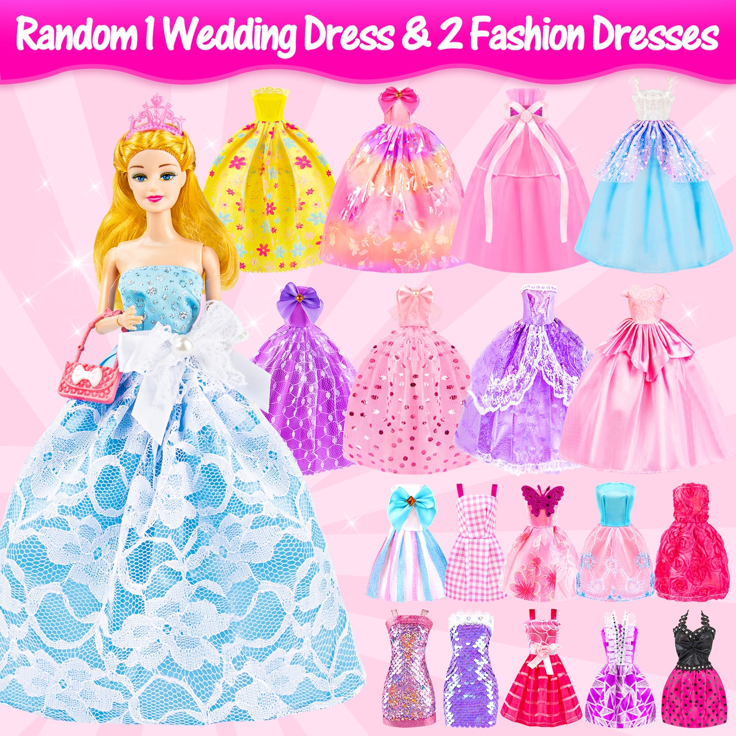 67Pcs Doll Dress Up Playset with Doll, Motorcycle, Skiing & Pet Set, 6 Outfits, 10 Shoes, Gift for Girls