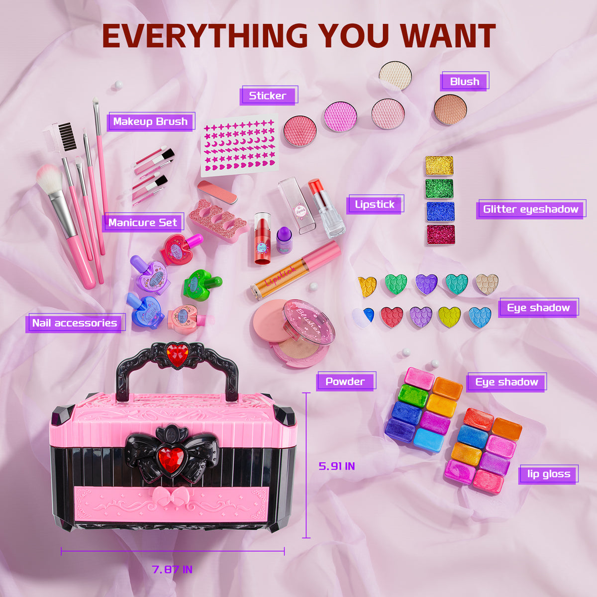 LXUNLN 62PCS Kids Makeup Kit, Makeup Set for Kids, Girl Toys & Toys for Girls Ages 3-12(Pink & Black)