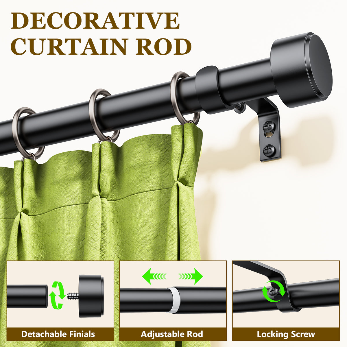 2 Pack Heavy Duty Adjustable Curtain Rods for Windows, 1-Inch Diameter Matte Black Curtain Rod, 32-120 Inches