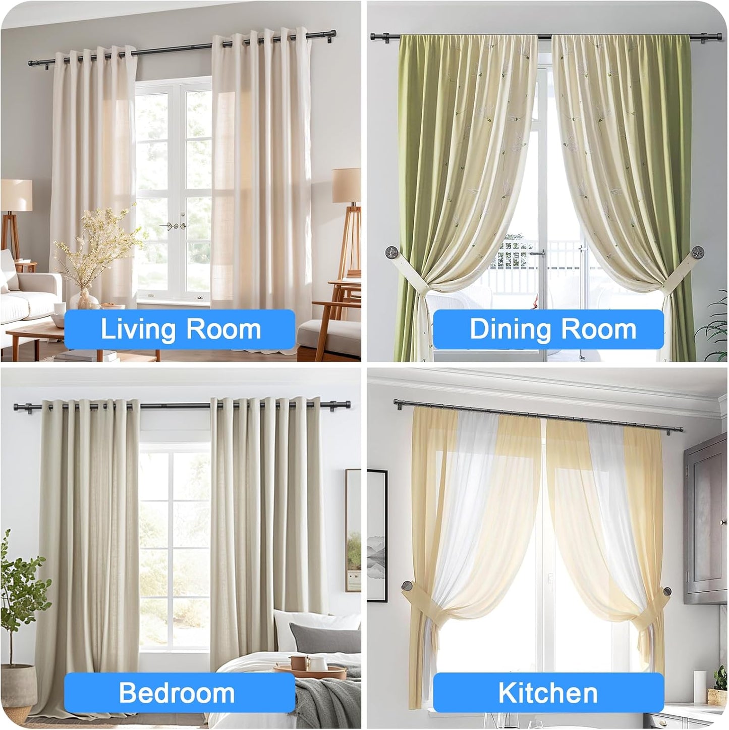 2 Pack 1 Inch Black Heavy Duty Adjustable Curtain Rods 32-150 Inch, Window Drapery Rod Set for Patio Bedroom