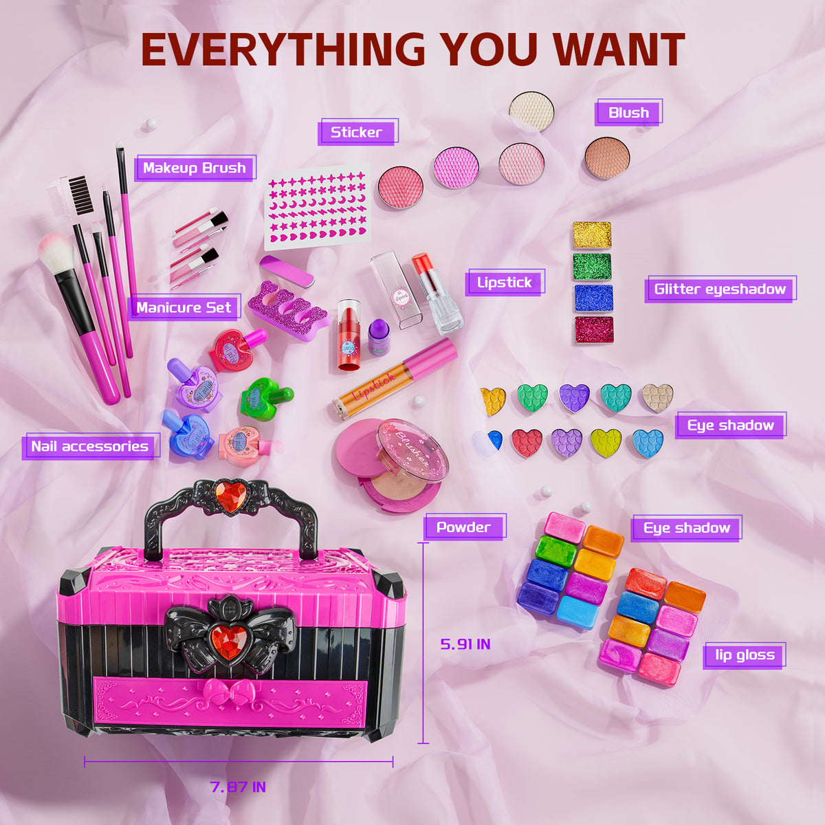 LXUNLN 62PCS Kids Makeup Kit, Makeup Set for Kids, Girl Toys & Toys for Girls Ages 3-12(Rose)