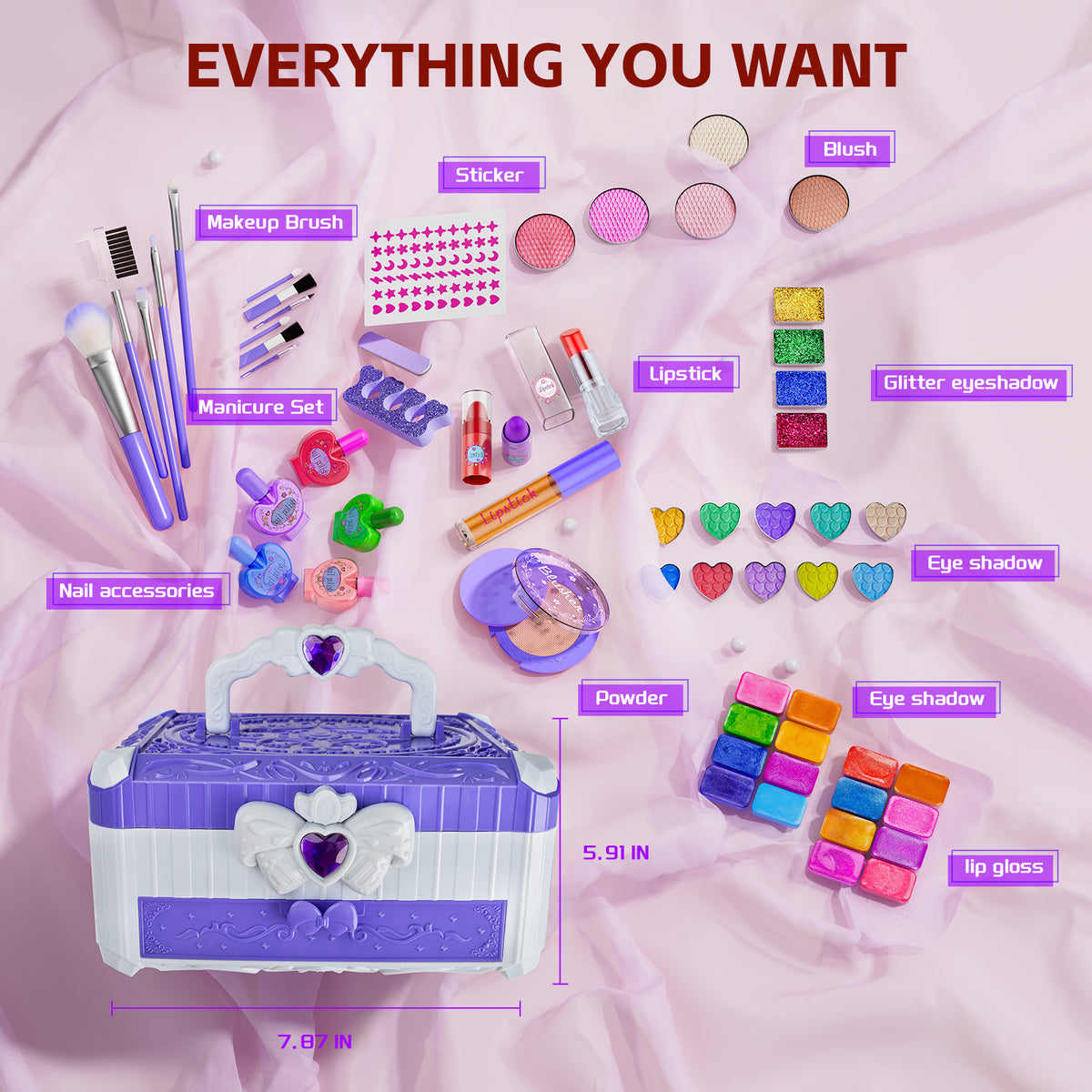 LXUNLN 62PCS Kids Makeup Kit, Makeup Set for Kids, Girl Toys & Toys for Girls Ages 3-12(Purple)