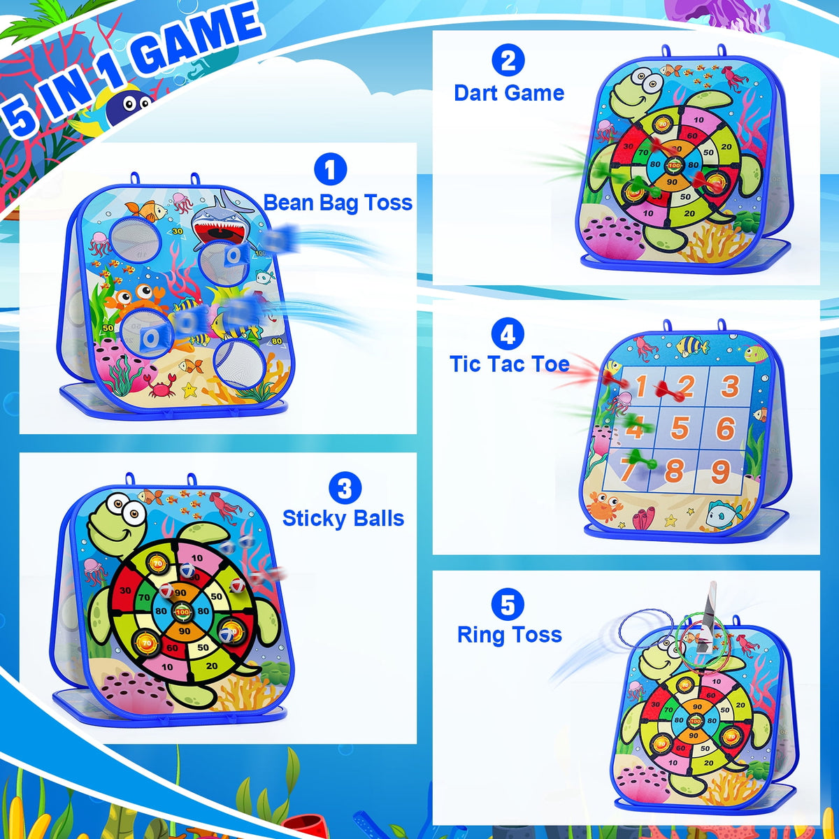 HXFOU 5-in-1 Bean Bag Toss Game for Kids,Pop Up Cornhole Set with Sticky Dart Board,Ring Toss and Tic Tac Toe, Indoor Outdoor Toss Game,Yard Games,Birthday Gifts for Boys Girls Ages 3-8