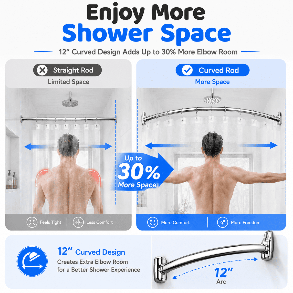 Sicabi Curved Shower Curtain Rod, 45-72" Adjustable Rustproof Steel Tension Rod,Drill Required, Silver