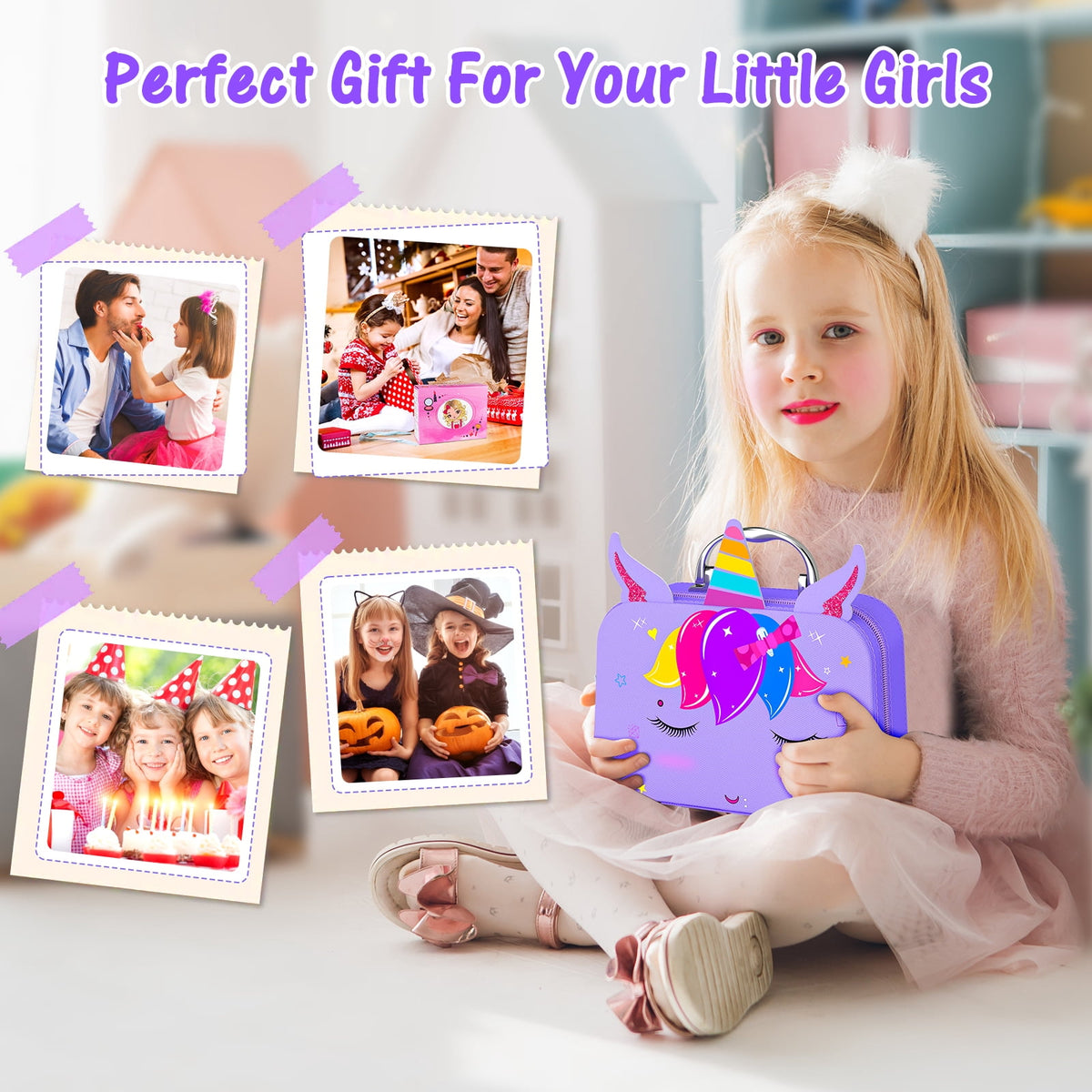 LXUNLN Kids Makeup Kit for Girls Ages 3-12, 2-in-1 Nail Salon Set with Unicorn Case(Purple)