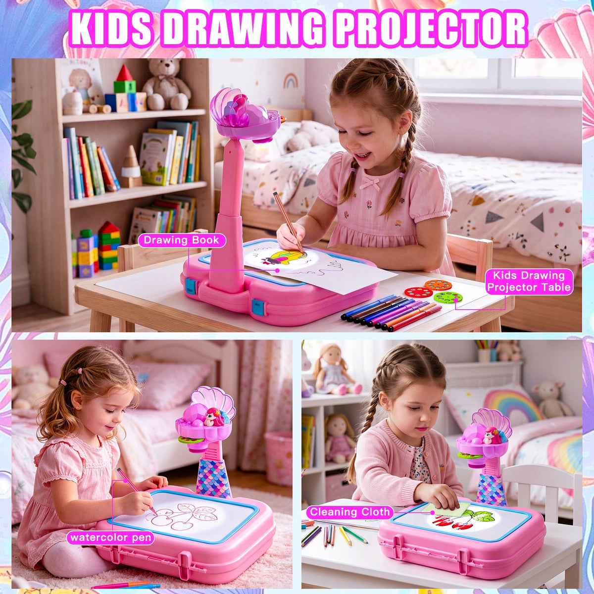 HXFOU Kids Drawing Projector Kit with 72 Projection Images, Mermaid Theme Arts and Crafts Kit for Toddlers Girls Ages 3-5