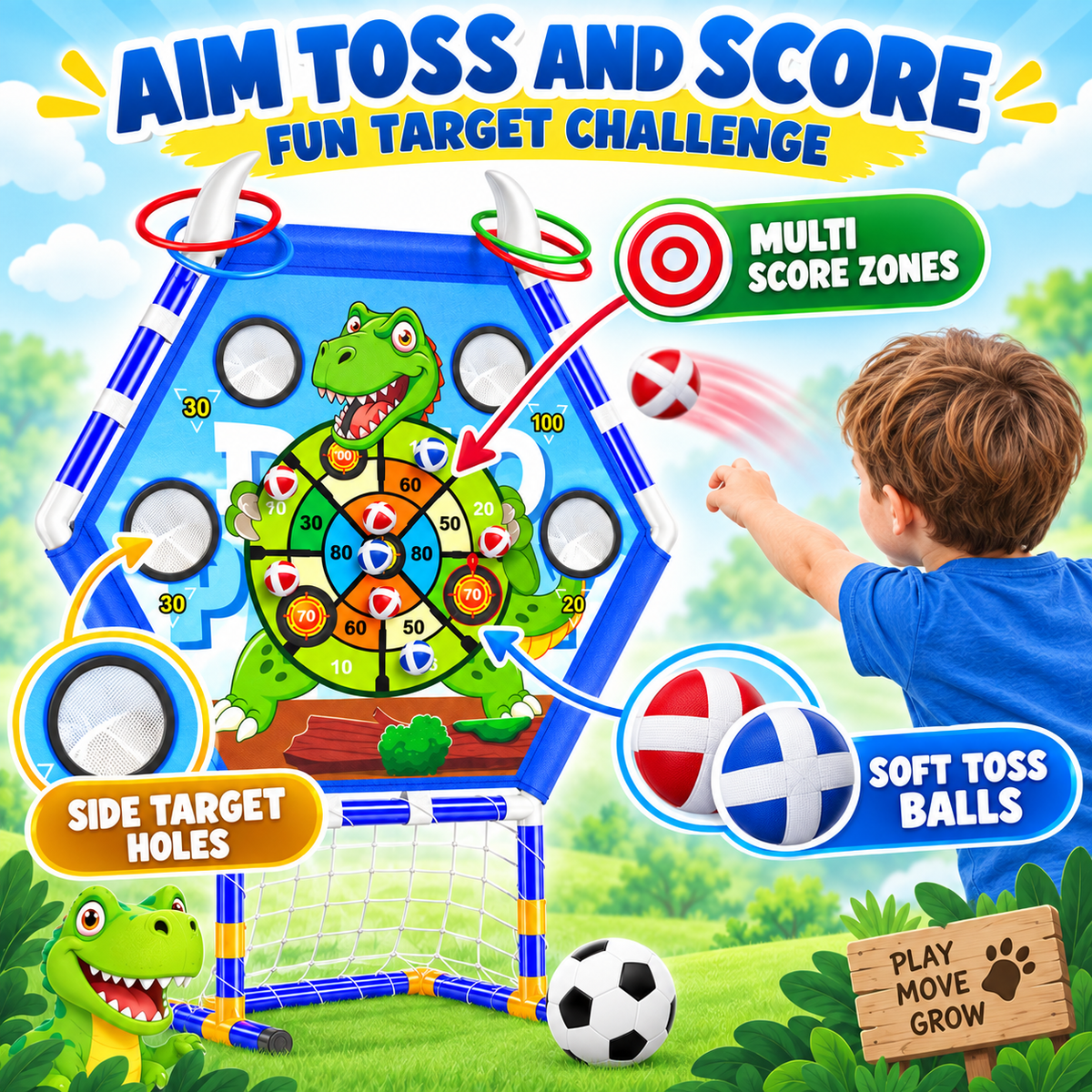 HXFOU 5-in-1 Kids Outdoor Toss Game Set with Soccer Goal Ring Toss Dart Board Indoor Outdoor Toys Ages 3+