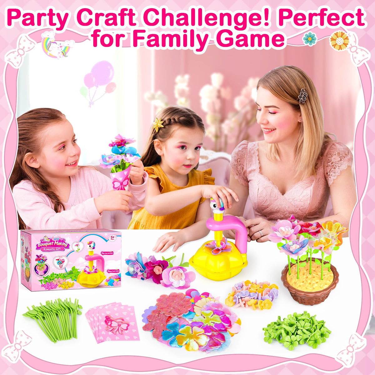 HXFOU DIY Unicorn Craft Kit for Girls Ages 3-12, Girls Flower Making Kit with Lighted Vase, DIY Fabric Flower Bouquet Arts and Crafts Set, Unicorn Gifts for Girls, Pink