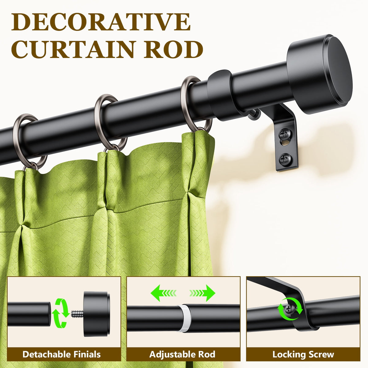 2 Pack Heavy Duty Adjustable Curtain Rods for Windows, 1-Inch Diameter Matte Black Curtain Rod, 32-60 Inches