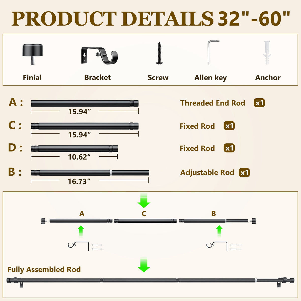 2 Pack Heavy Duty Adjustable Curtain Rods for Windows, 1-Inch Diameter Matte Black Curtain Rod, 32-60 Inches