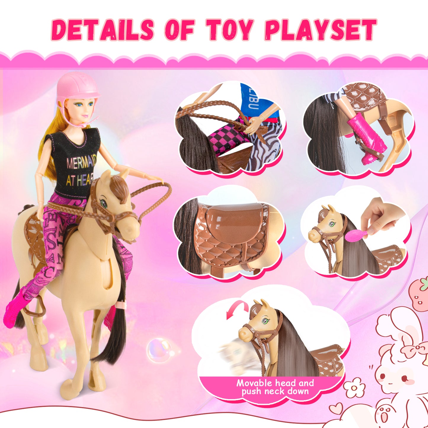 60Pcs Doll & Horse Riding Toy Set, 11.5 Inch Fashion Doll, Poseable Horse & Accessories, Ideal Gift for Girls 3+