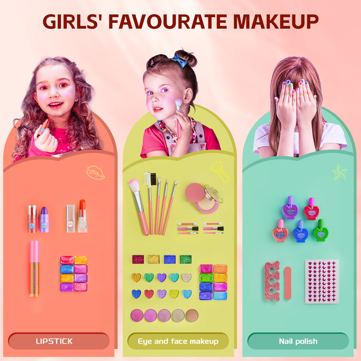LXUNLN 62PCS Kids Makeup Kit, Makeup Set for Kids, Girl Toys & Toys for Girls Ages 3-12(Pink & Black)