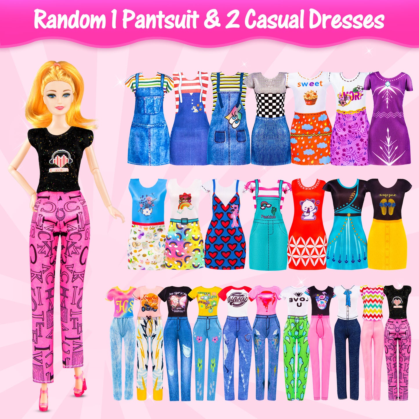 67Pcs Doll Dress Up Playset with Doll, Motorcycle, Skiing & Pet Set, 6 Outfits, 10 Shoes, Gift for Girls