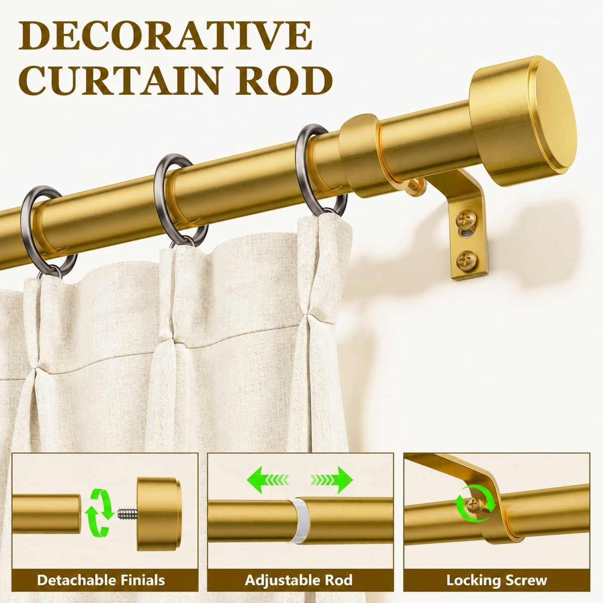 2 Pack Heavy Duty Adjustable Curtain Rods for Windows, 1-Inch Diameter Curtain Rod, 32-120 Inches (Bright gold)