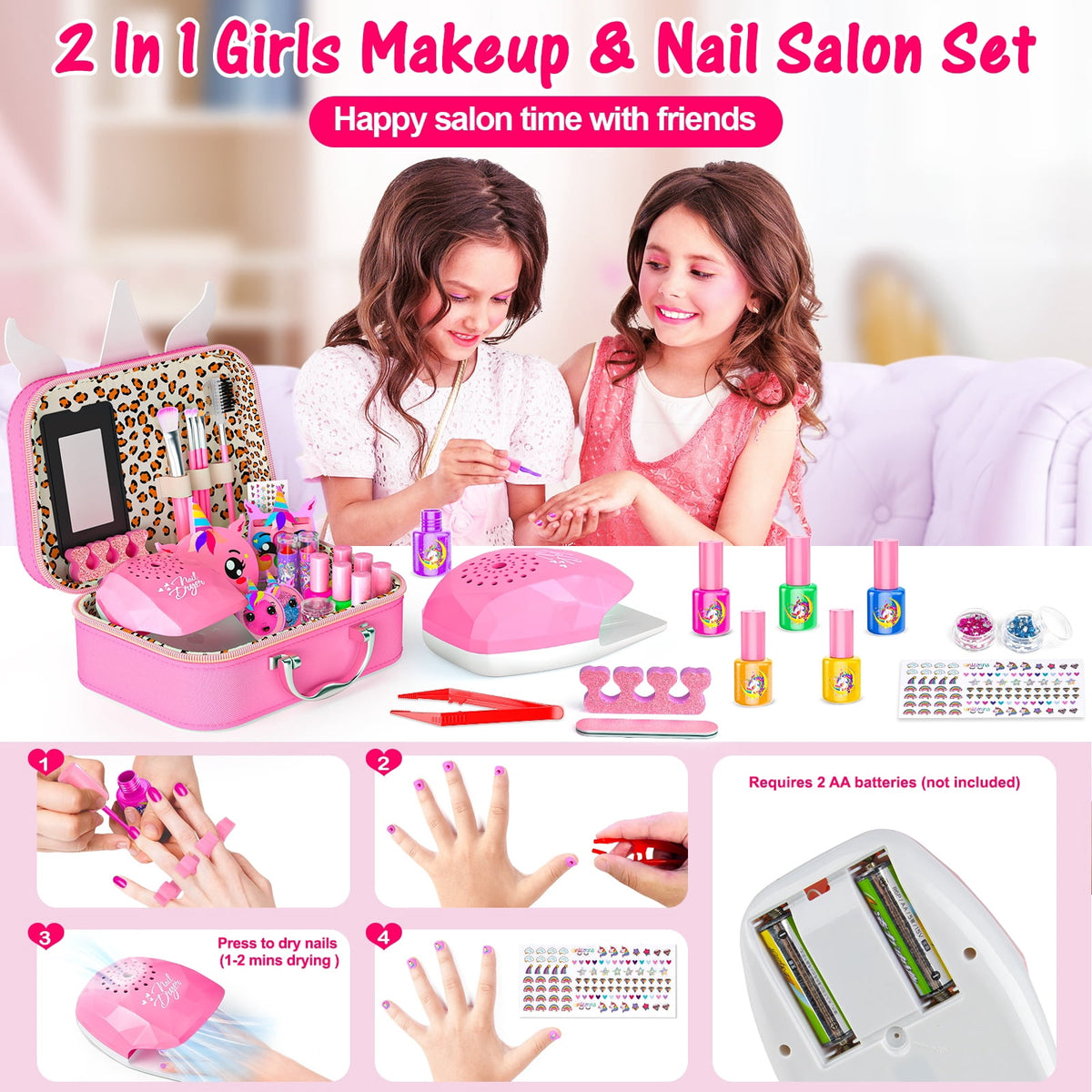 LXUNLN Kids Makeup Kit for Girls Ages 3-12, Unicorn Nail Salon Set & Girl Toy(Pink)