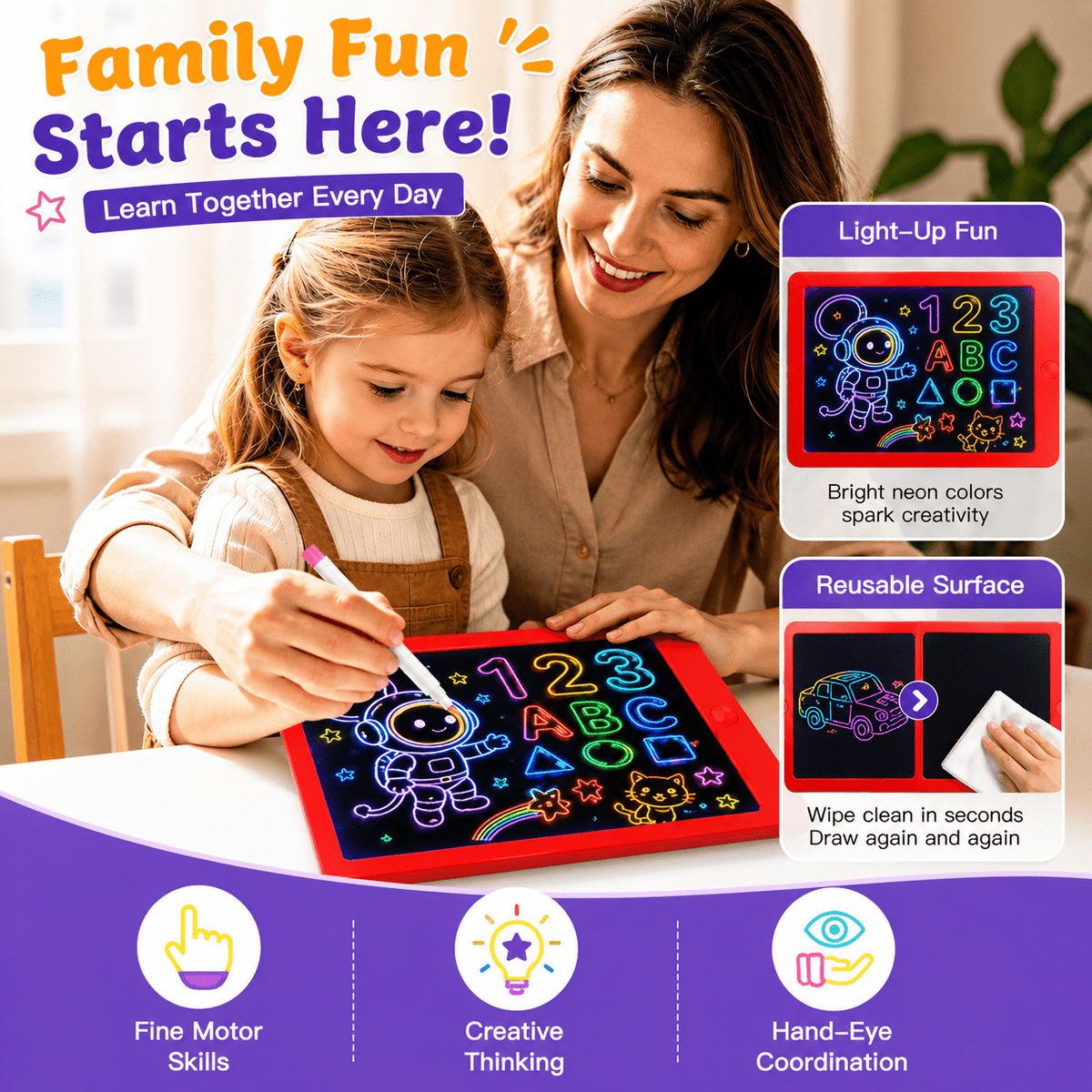 HXFOU LCD Writing Tablet for Kids Ages 3-9, Doodle Board with 4 Neon Markers & Stencils, Writing Tablets for Kids Ages 3-9, Travel Toys for Kids Ages 3 4 5 6 7 8, Portable Drawing Pad for Boys Girls