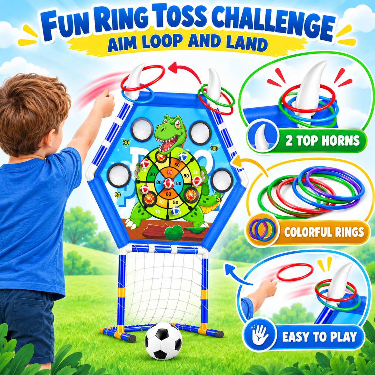 HXFOU 5-in-1 Kids Outdoor Toss Game Set with Soccer Goal Ring Toss Dart Board Indoor Outdoor Toys Ages 3+