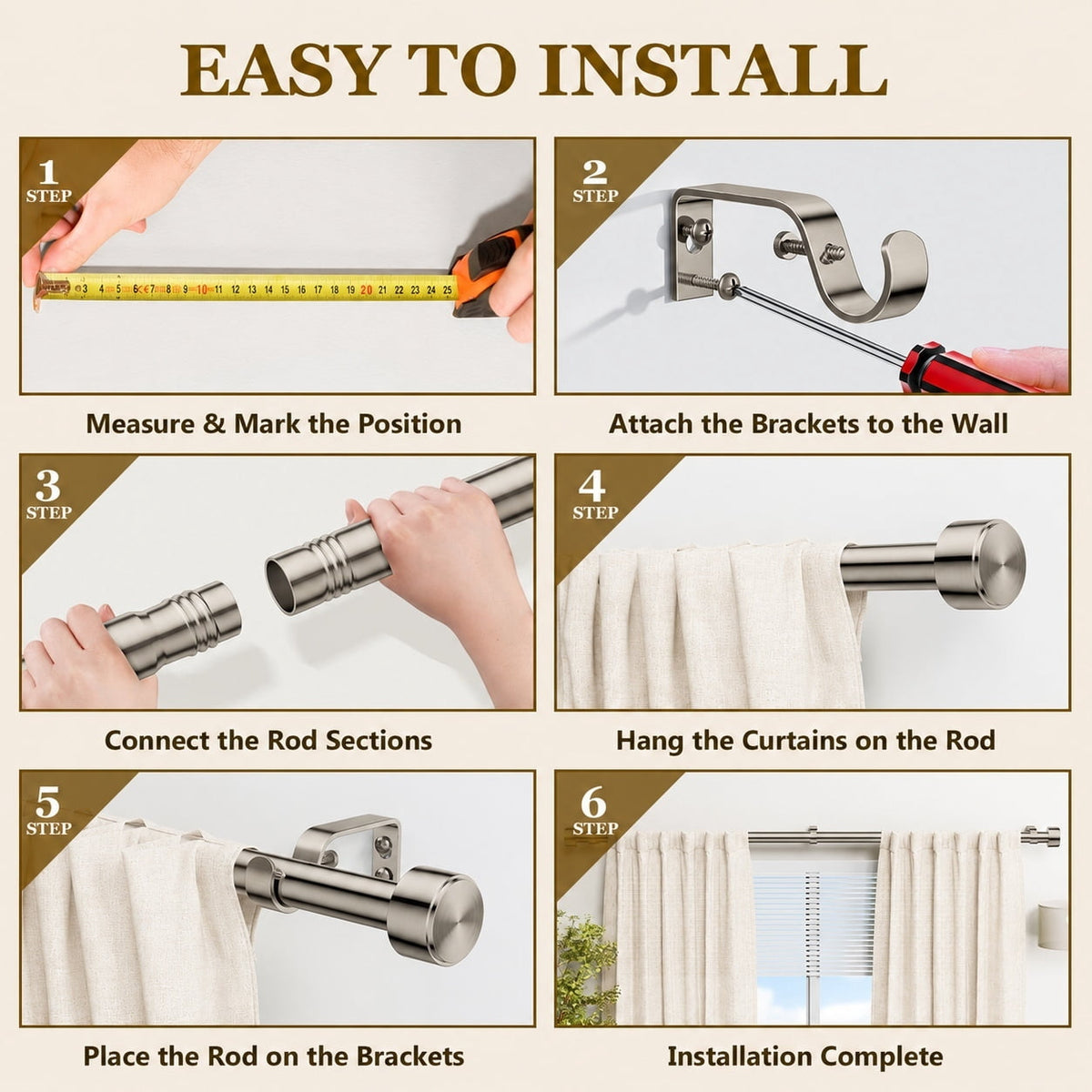 2 Pack Heavy Duty Adjustable Curtain Rods for Windows, 1-Inch Diameter Curtain Rod, 32-150 Inches (Nickel)