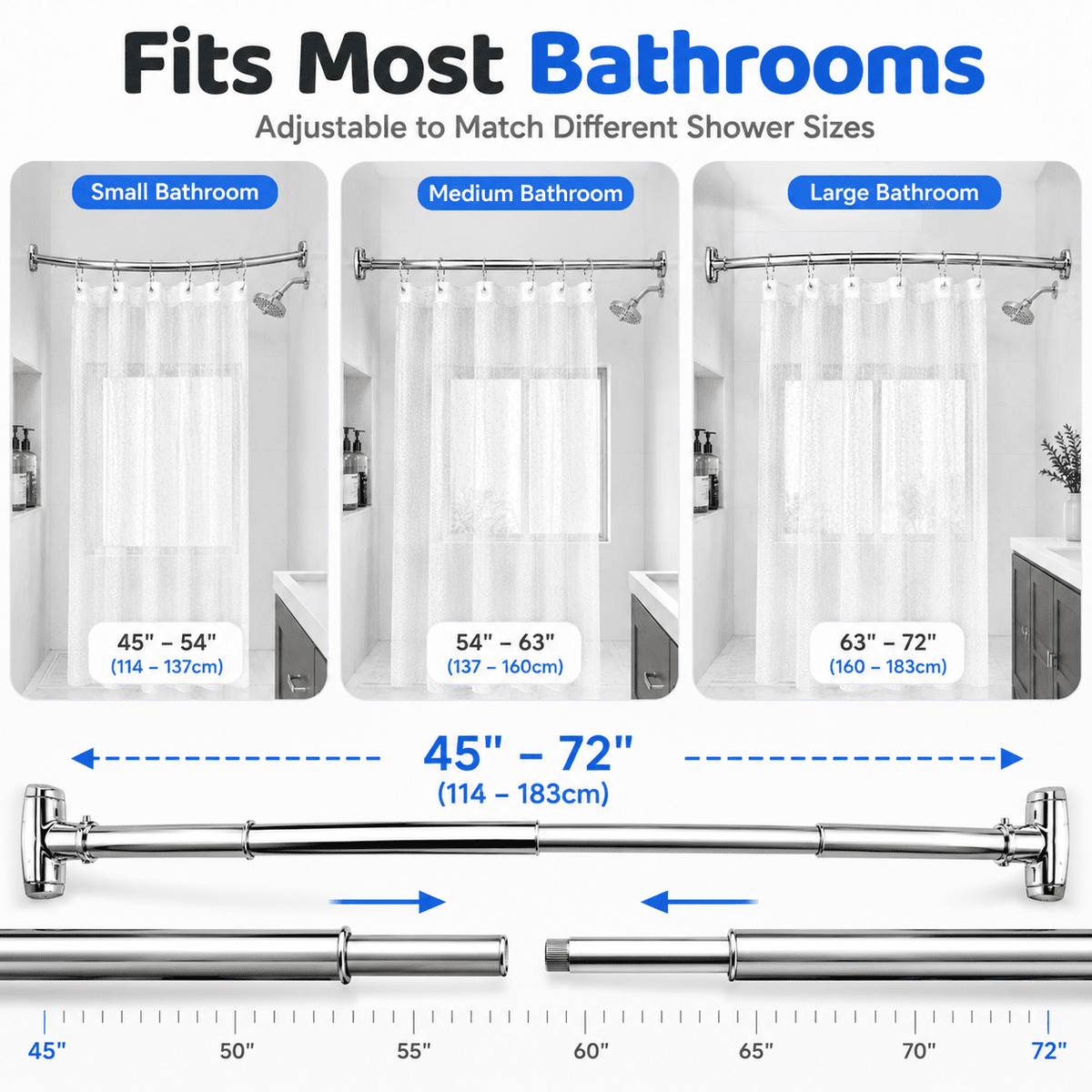 Sicabi Curved Shower Curtain Rod, 45-72" Adjustable Rustproof Steel Tension Rod,Drill Required, Silver