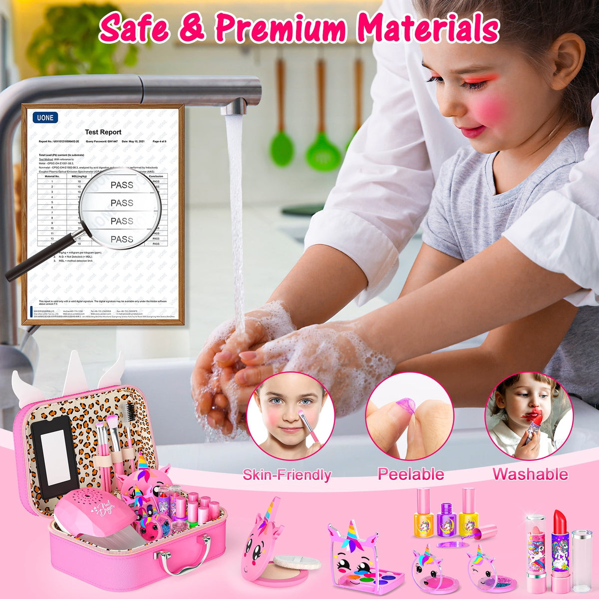 LXUNLN Kids Makeup Kit for Girls Ages 3-12, Unicorn Nail Salon Set & Girl Toy(Pink)