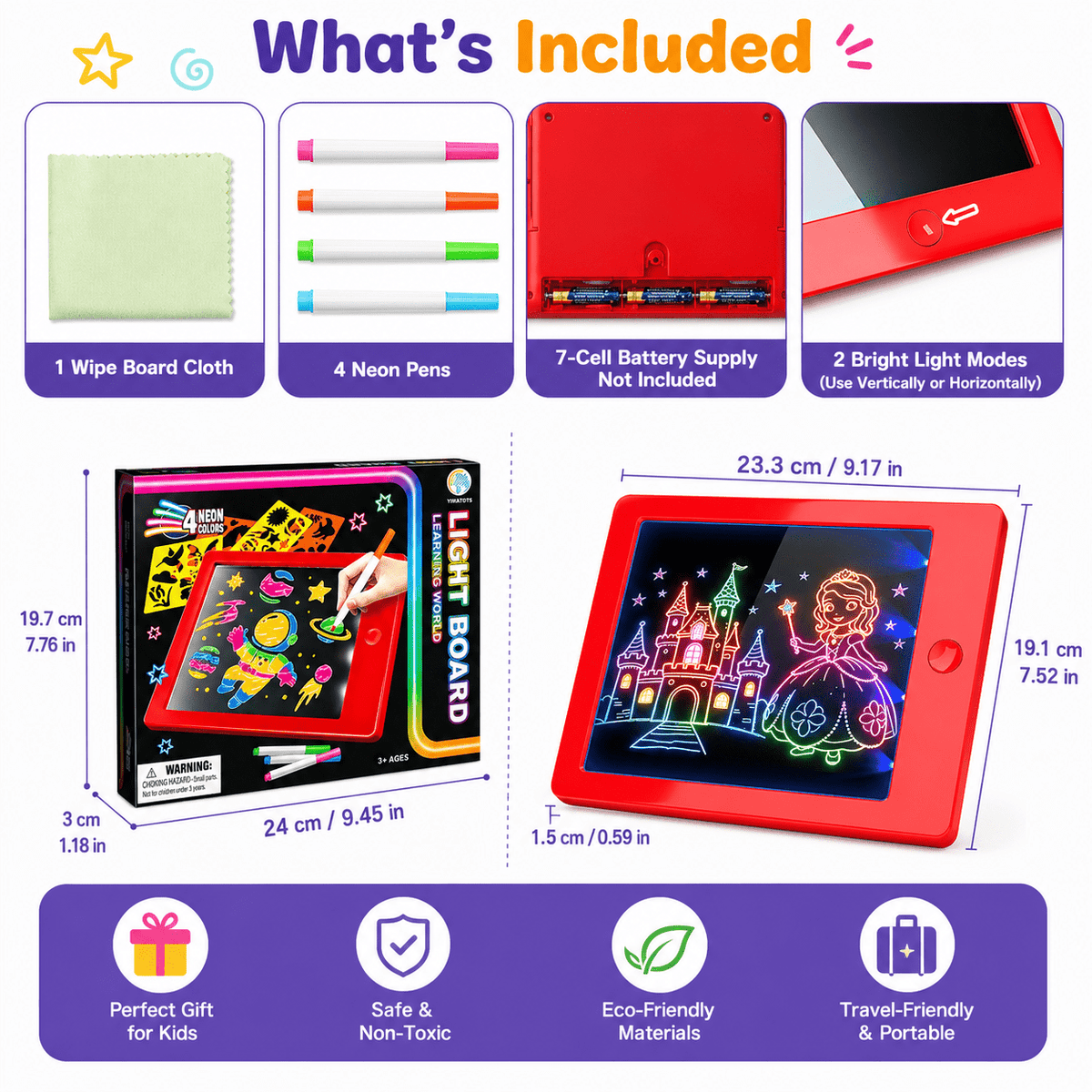 HXFOU LCD Writing Tablet for Kids Ages 3-9, Doodle Board with 4 Neon Markers & Stencils, Writing Tablets for Kids Ages 3-9, Travel Toys for Kids Ages 3 4 5 6 7 8, Portable Drawing Pad for Boys Girls