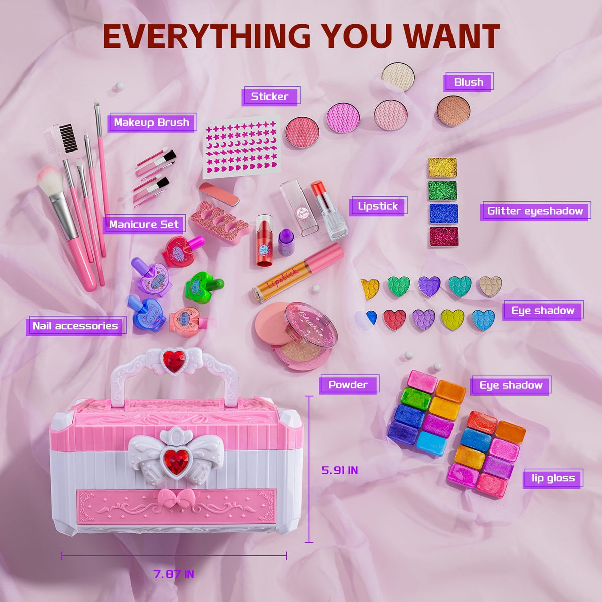 LXUNLN 62PCS Kids Makeup Kit for Girls with Portable Cosmetic Case & Mirror, Washable Makeup Set, Princess Pretend Play Toys, Gifts for Girls Ages 4-9