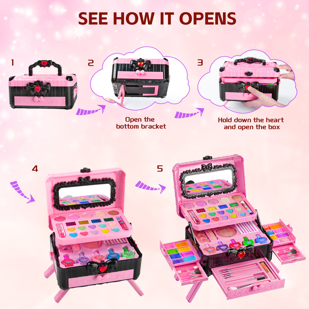 LXUNLN 62PCS Kids Makeup Kit, Makeup Set for Kids, Girl Toys & Toys for Girls Ages 3-12(Pink & Black)