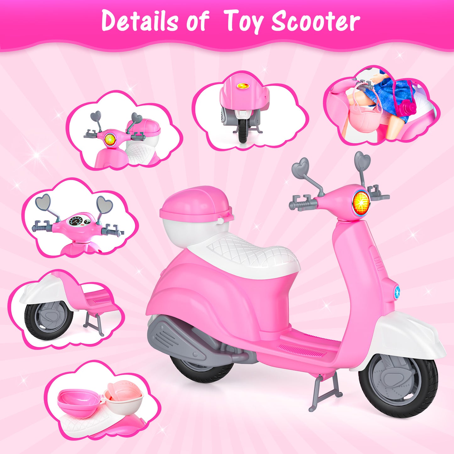 67Pcs Doll Dress Up Playset with Doll, Motorcycle, Skiing & Pet Set, 6 Outfits, 10 Shoes, Gift for Girls