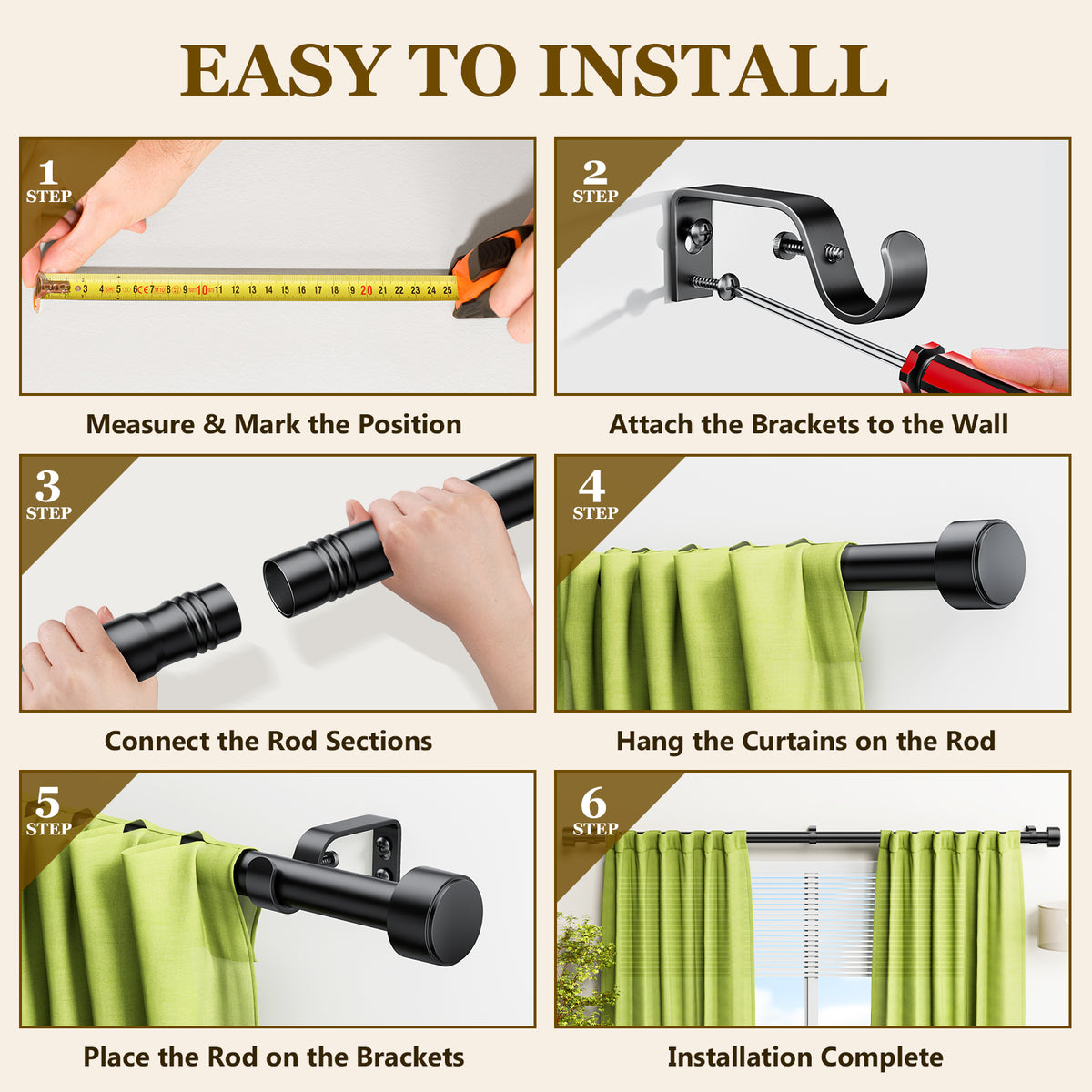 2 Pack Heavy Duty Adjustable Curtain Rods for Windows, 1-Inch Diameter Matte Black Curtain Rod, 32-150 Inches