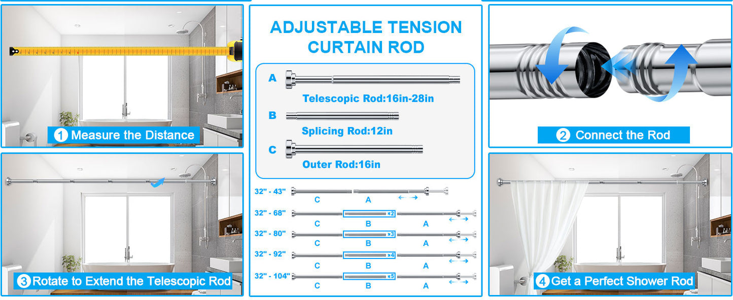 TITGIPE No Drill Telescopic Shower Curtain Rod | 26-76" Adjustable Spring Tension Rod with Anti-Skid Design | Rust-Resistant Stainless Steel for Bathroom