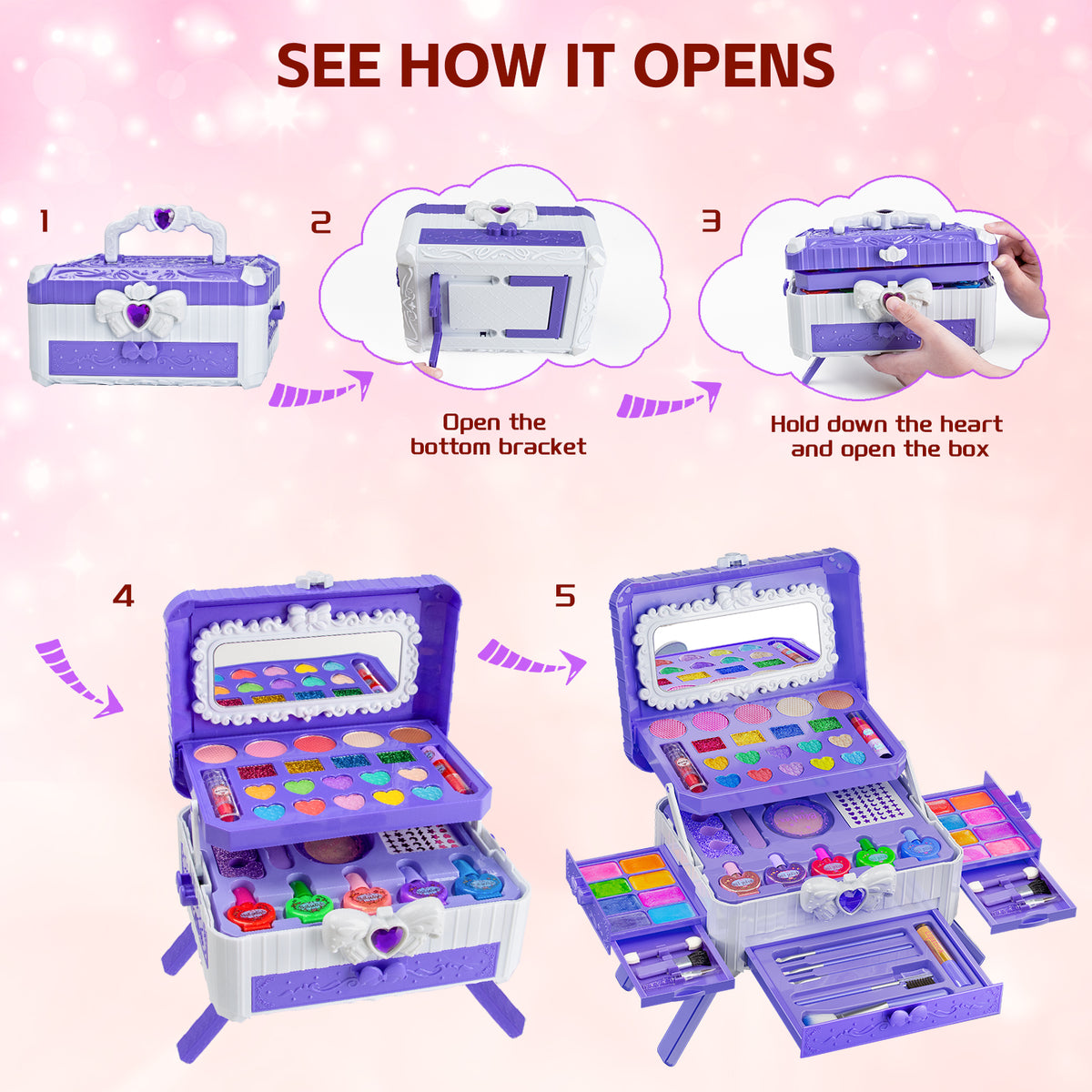 LXUNLN 62PCS Kids Makeup Kit, Makeup Set for Kids, Girl Toys & Toys for Girls Ages 3-12(Purple)