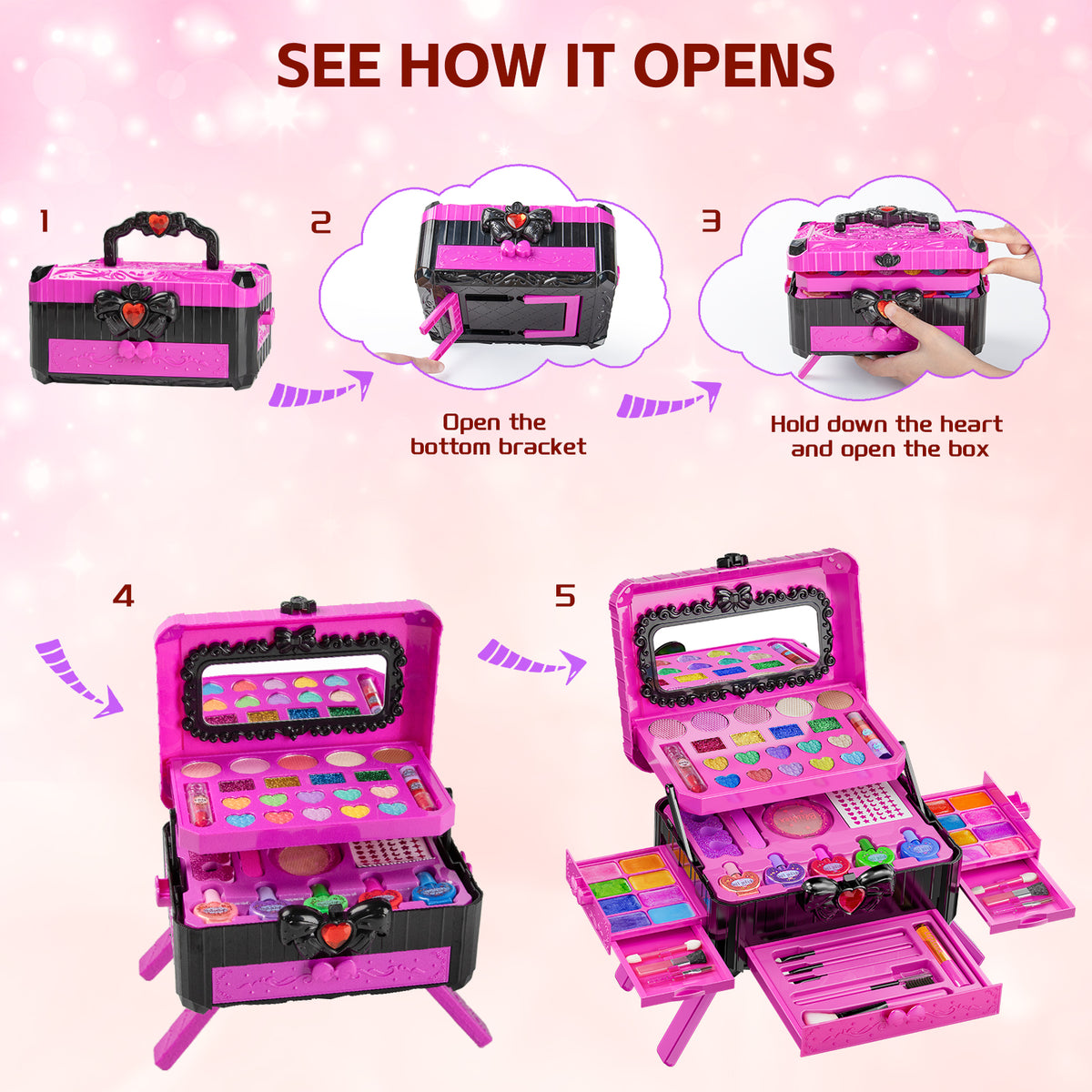 LXUNLN 62PCS Kids Makeup Kit, Makeup Set for Kids, Girl Toys & Toys for Girls Ages 3-12(Rose)