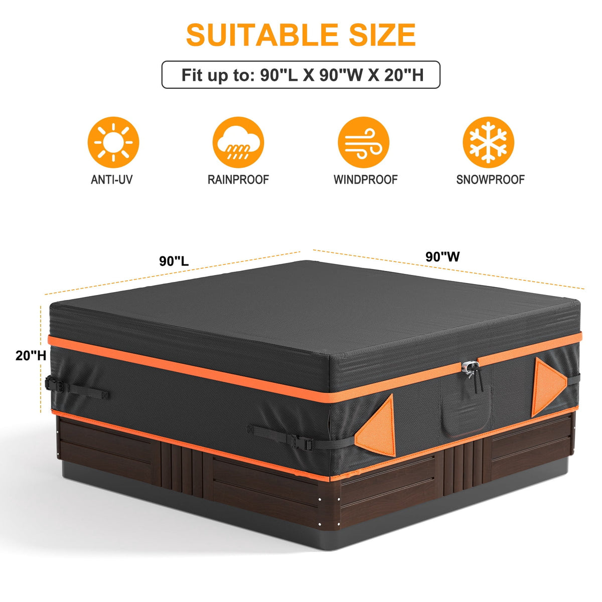 Outdoor SPA Hot Tub Cover Waterproof Square, 600D Heavy Duty Hot Tub Cover Protector with UV Protection, Spa Cover Cap 90" x 90" x 20", Black