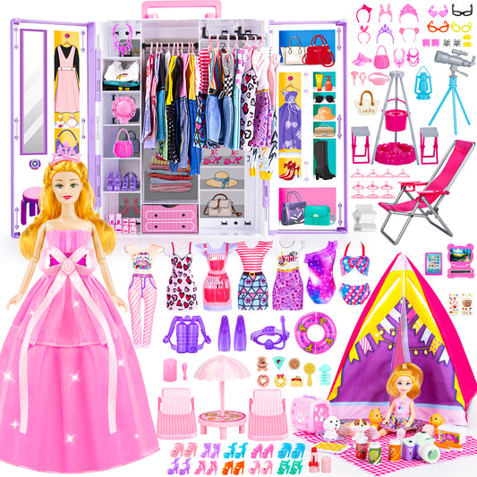 LXUNLN 164 PCS Doll Closet & Camping Playset with Clothes & Accessories , Toys for Girls Ages 3+