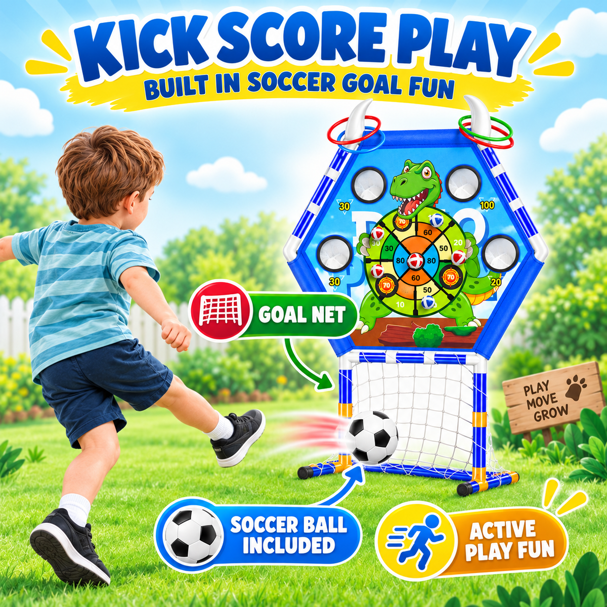HXFOU 5-in-1 Kids Outdoor Toss Game Set with Soccer Goal Ring Toss Dart Board Indoor Outdoor Toys Ages 3+