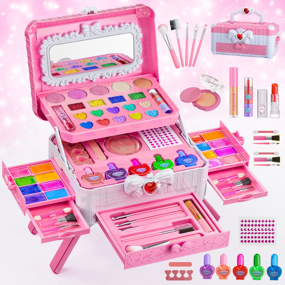 LXUNLN 62PCS Kids Makeup Kit for Girls with Portable Cosmetic Case & Mirror, Washable Makeup Set, Princess Pretend Play Toys, Gifts for Girls Ages 4-9