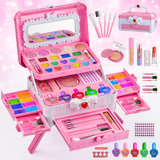 LXUNLN 62PCS Kids Makeup Kit for Girls with Portable Cosmetic Case & Mirror, Washable Makeup Set, Princess Pretend Play Toys, Gifts for Girls Ages 4-9